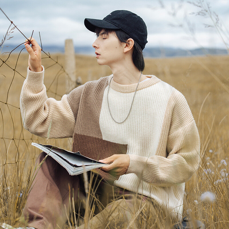 Koreański styl niszowy Color Block dzianinowy sweter męski 2023 jesienno-zimowy nowy luźny sweter męski z okrągłym dekoltem