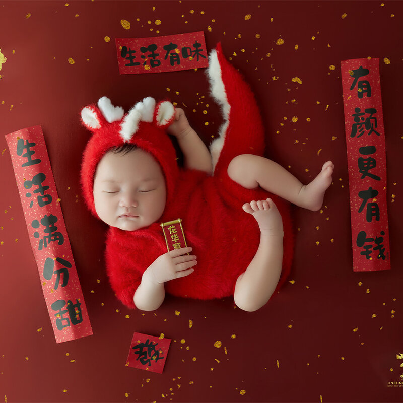 Pasgeboren Fotografie Outfits Gebreid Drakenkostuum Met Staart Chinese Lente Coupletten Schieten Rekwisieten Nieuwjaar Thema Foto Outfits