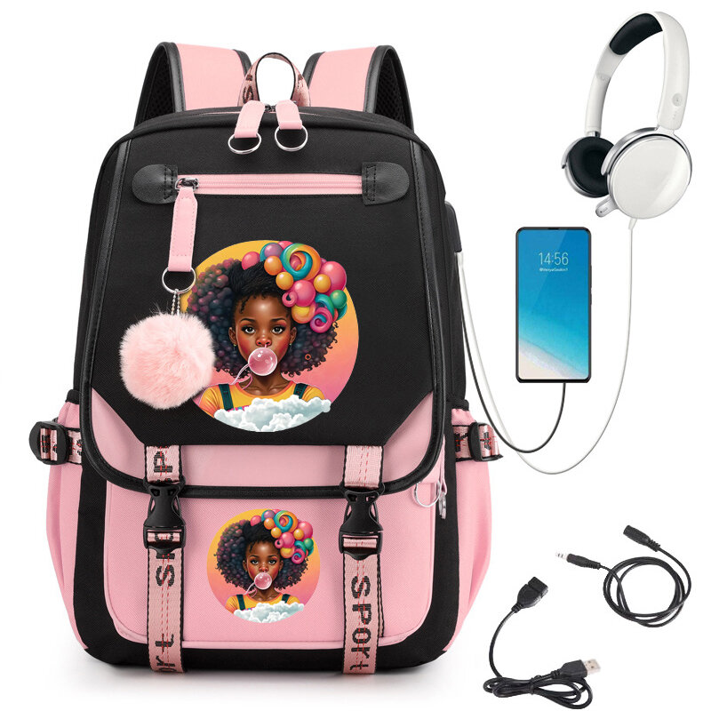 버블 예쁜 아프리카 소녀 프린트 학교 배낭 만화 학교 가방, 학생 십대 책가방, 노트북 모칠라 배낭 카와이 백팩