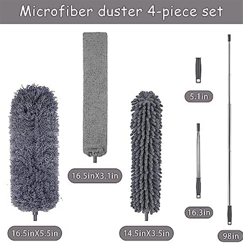 4Pcs Microfiber Duster Kit with Extension Pole 30-110 Inches for High Ceiling for Cleaning Cobweb, Blinds, Furniture,Car