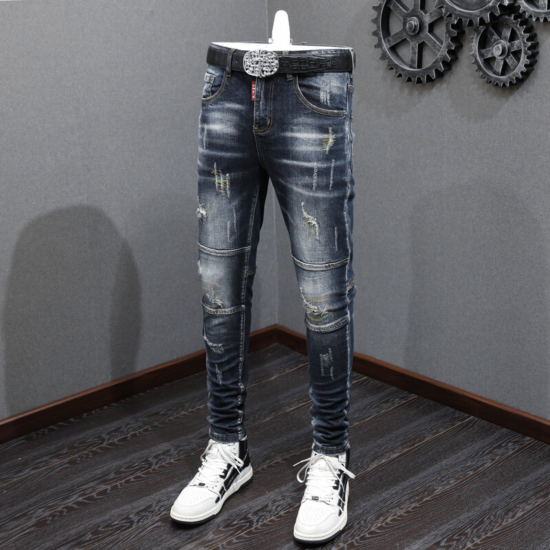 Джинсы мужские Стрейчевые в стиле ретро, модные рваные джинсы с вышивкой, Стрейчевые брюки из денима в стиле хип-хоп, черные синие