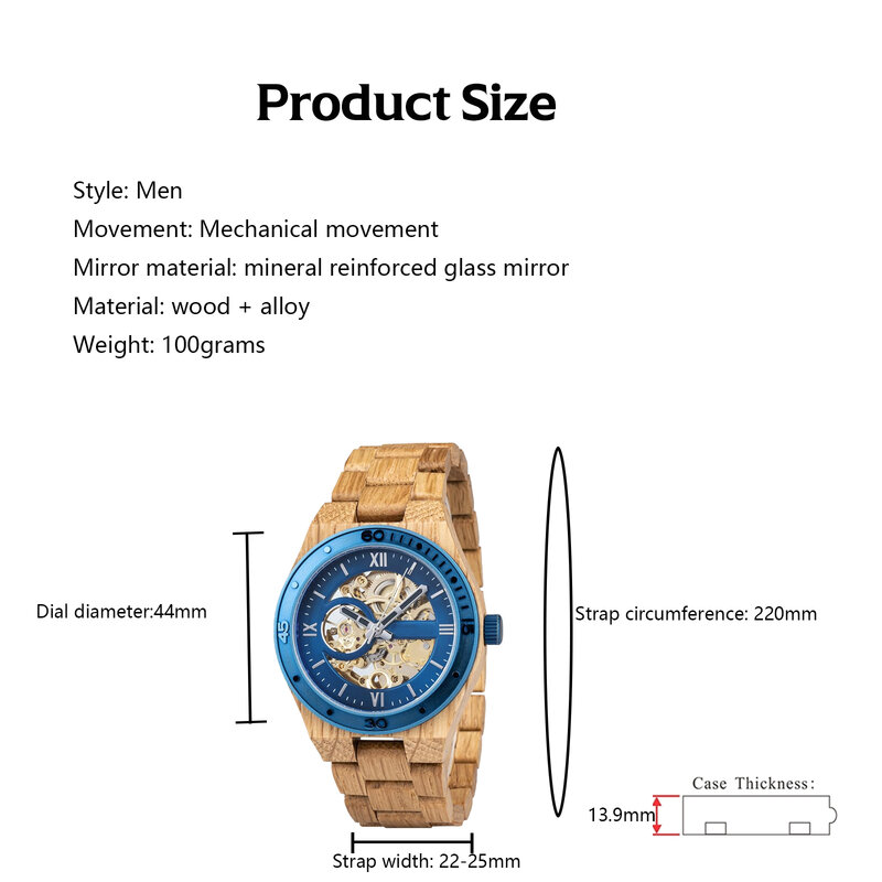 Mens Wooden Watch Skeleton Mechanical Wooden Watch Lightweight Men's Natural Wooden Strap Watch