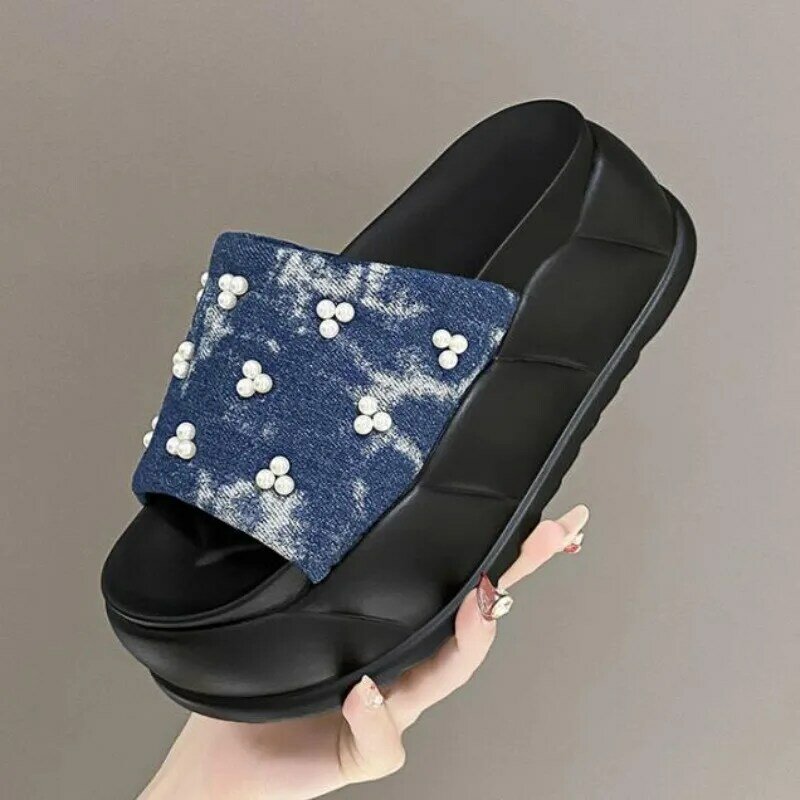 Sandal wanita kanvas Platform Chunky, 7CM, sandal wedge bawah tebal, sepatu pantai Non Slip, sepatu mutiara musim panas