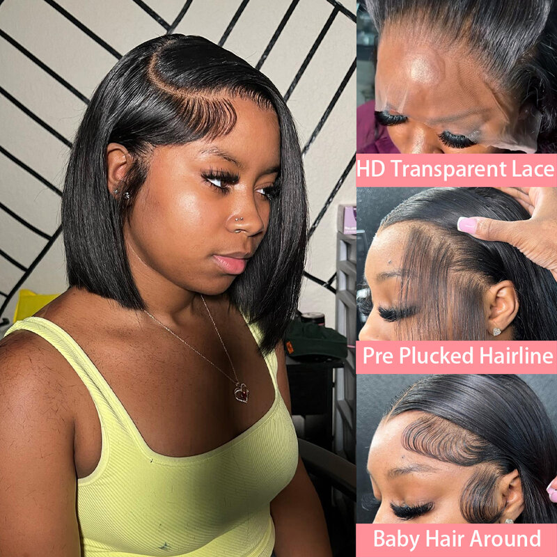 Short Bob Lace Front Human Hair Wigs 200 Density Brazilian Remy Straight Transparent 13x4 Part Lace Wigs Human Hair Pre Plucked