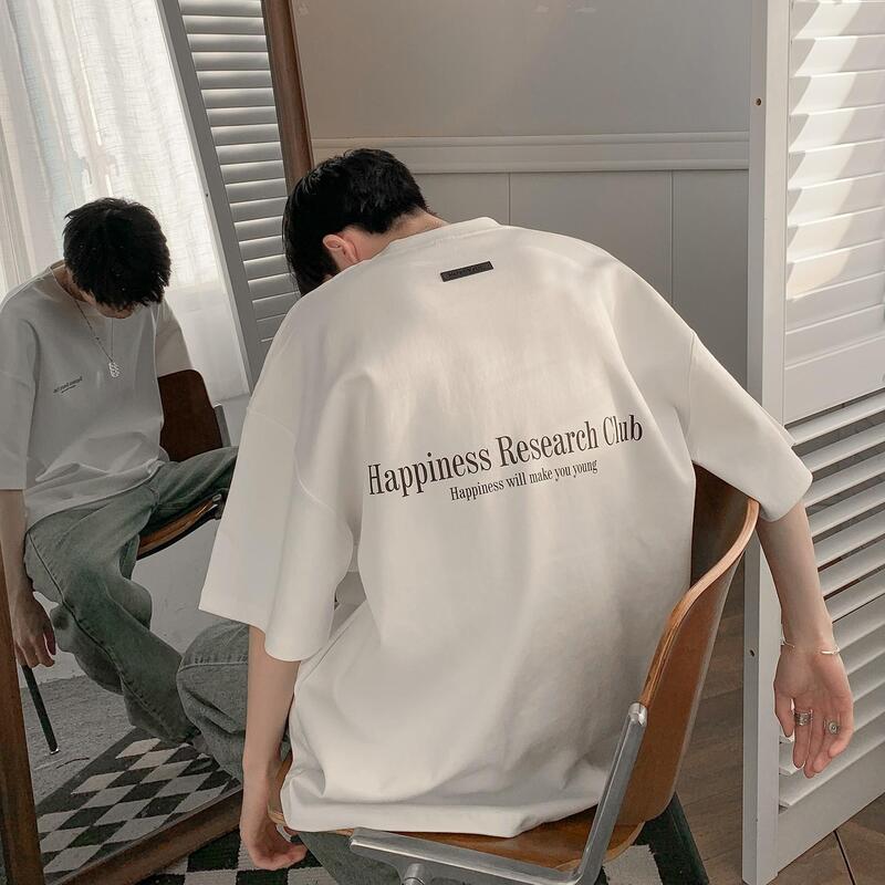 Maglietta coreana high street pesante da uomo scollo piccolo manica corta estate oversize design nicchia semplice t-shirt a mezza manica