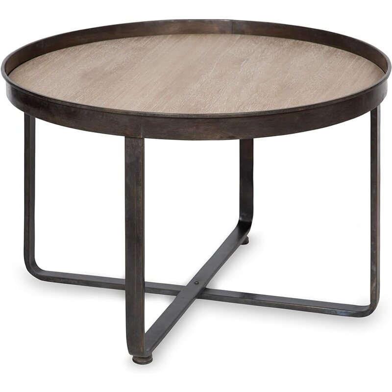 Zabel Modern Farmhouse tavolino rotondo con Base incrociata in ferro battuto nero e tavoli con inserto in legno rifiniti in quercia bianca