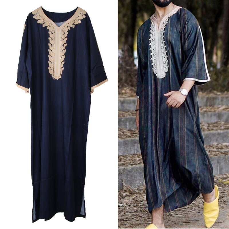 イスラム服男性ローブカフタンイスラム教徒男性モロッコパーカーロングドレスアラビアストライプローブ中東民族衣装