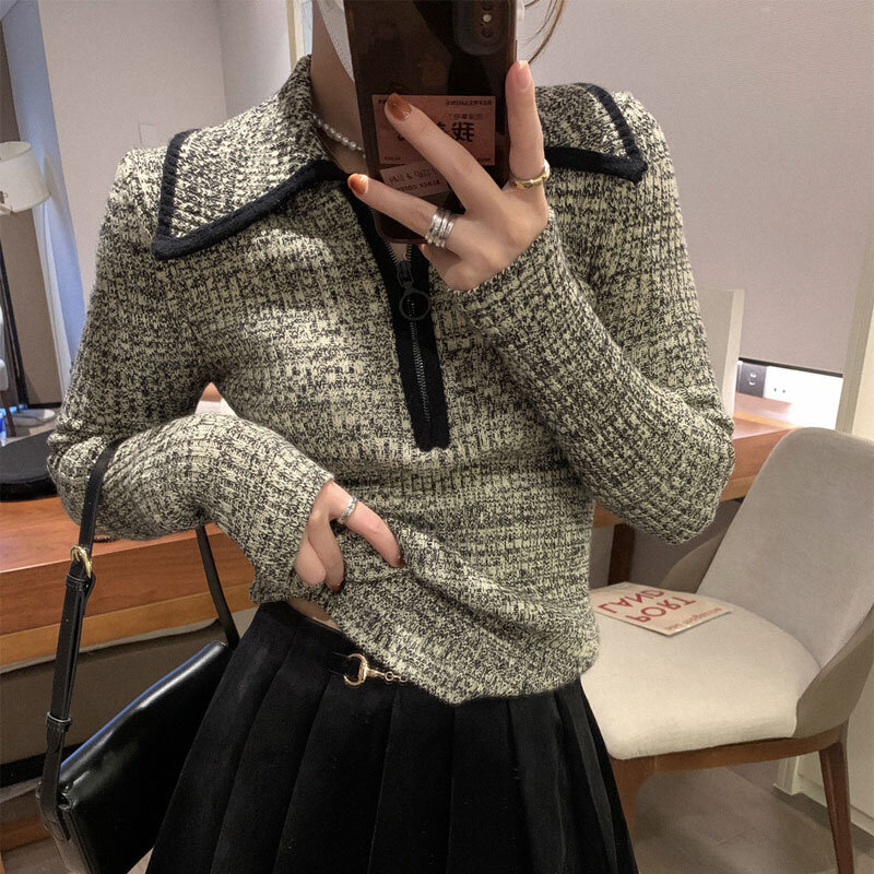 Basic Korean Turn-down Collar Jumpers Autumn Winter Slim Solid Color Stylish Zipper Women's Clothing Casual Knitted Sweaters New