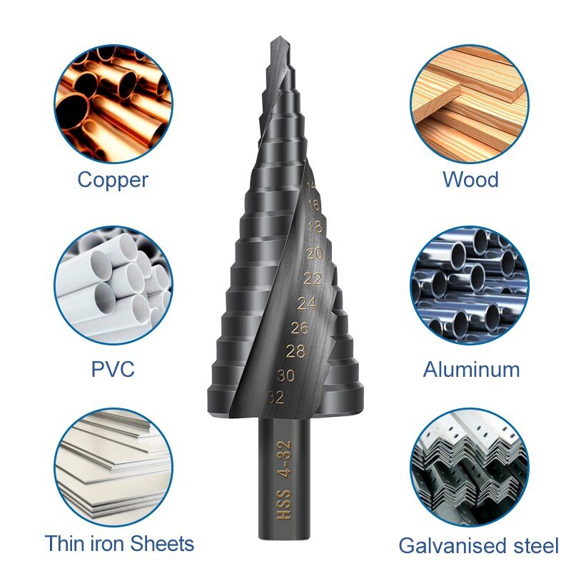 Broca de metal XCAN-Step Broca de metal, 4-12, 20, 32mm, 6-30mm, Broca Cone HSS Cobalto, Cortador de madeira e metal, Ferramenta de perfuração