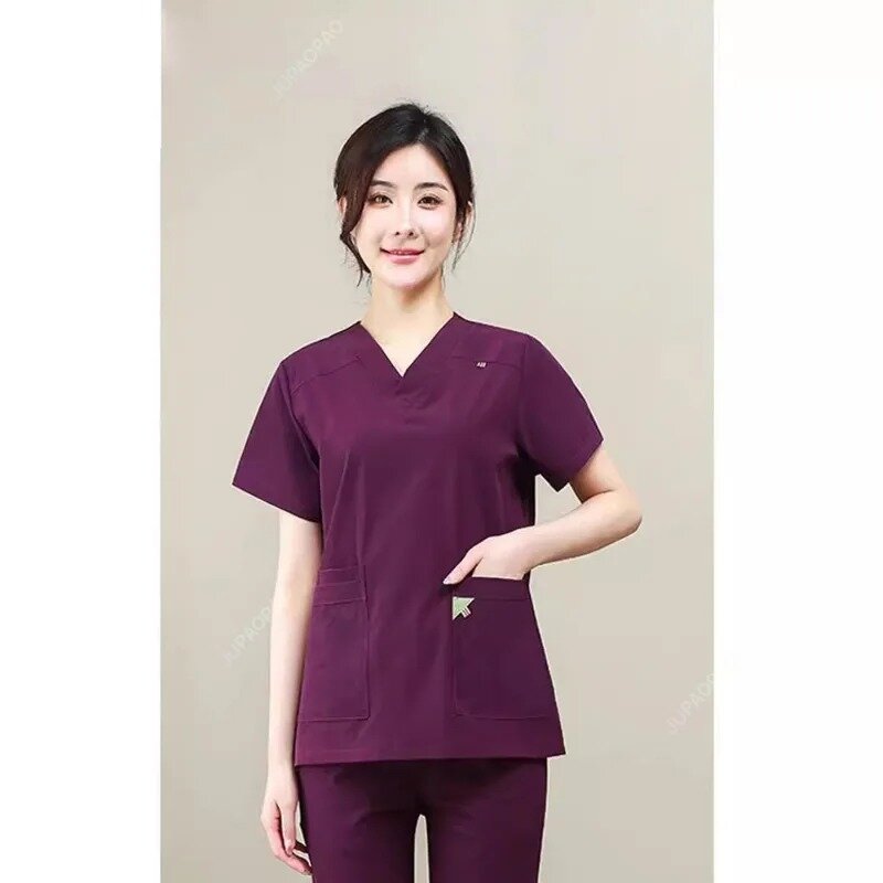 Dekolt w szpic garnitury do pracy do szorowania munduru na sali operacyjnej lekarz kombinezony robocze zestaw spodnie jednolity kolor mundurki pielęgniarskie kobiety mężczyźni