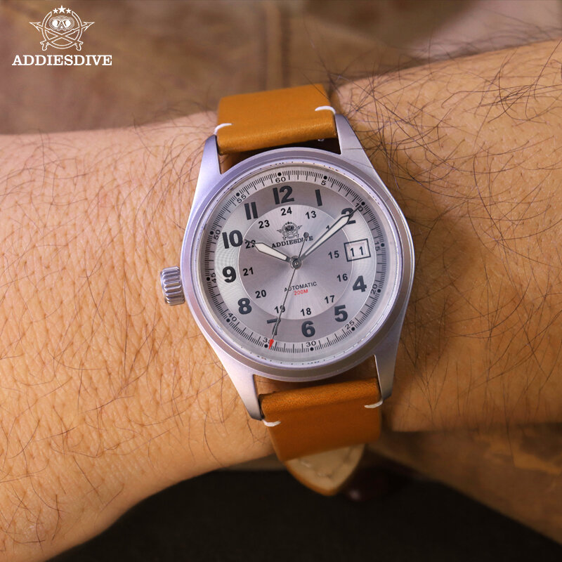 Addiesdive นาฬิกาข้อมือสำหรับผู้ชาย AD2048 BGW9สายหนังเรืองแสงมาก20Bar แซฟไฟร์คริสตัลกันน้ำ NH35นาฬิกากลไกอัตโนมัติ