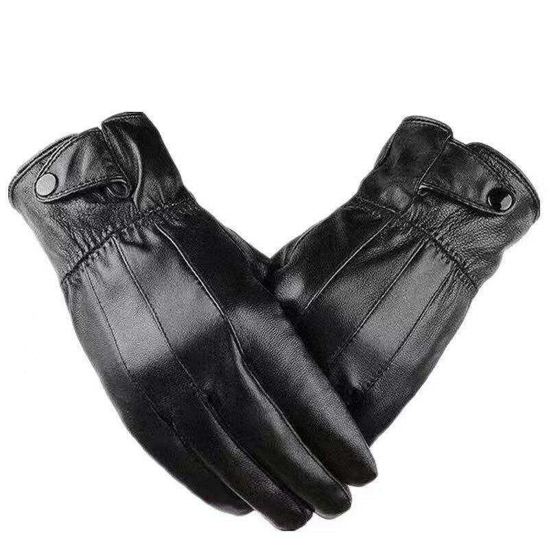 Мужские зимние кожаные перчатки, черные перчатки на пуговицах, теплые варежки для мужчин, роскошные натуральные варежки из искусственной кожи для вождения, аксессуары 2023