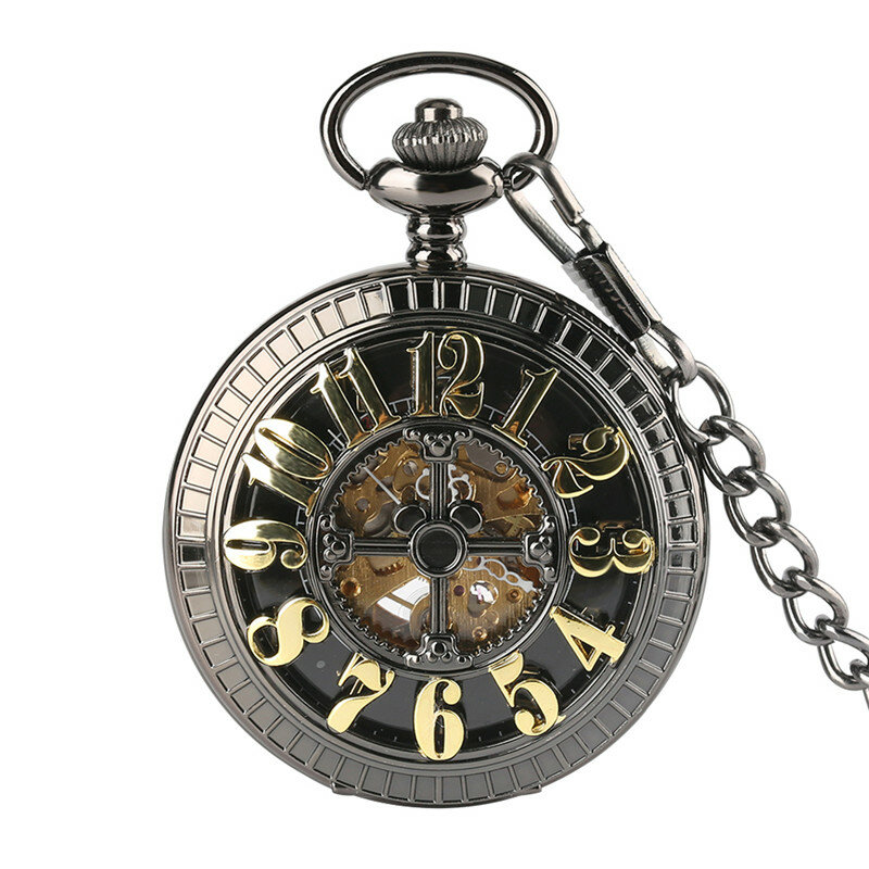 Relógios mecânicos automáticos para homens e mulheres, Relógio de bolso preto antigo, esqueleto, número árabe, meio relógio caçador, corrente pendente