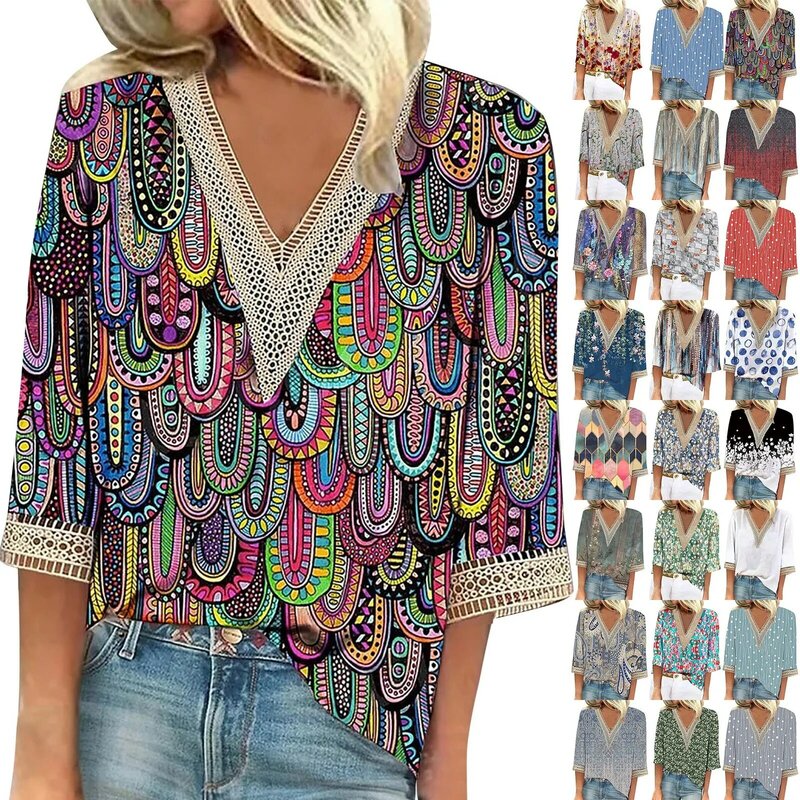 Baju blus wanita lengan 3/4 leher V, baju blus wanita motif tanaman mode, baju Pullover katun Ropa Mujer Juvenil musim panas, baju modis