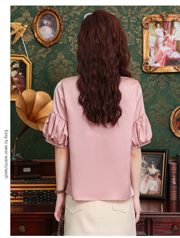 Шифоновая розовая Женская рубашка, летняя винтажная однотонная блузка, свободные женские топы с коротким рукавом и оборками, элегантная одежда YCMYUNYAN