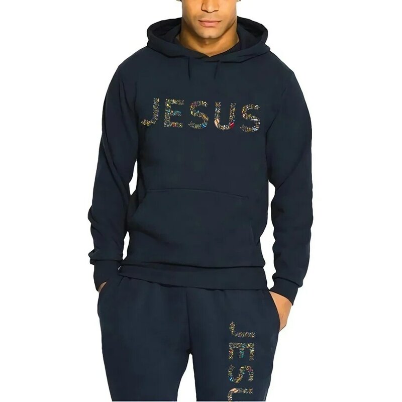 Męska strój sportowy kolorowa bluza z kapturem z nadrukiem jezusa + spodnie do joggingu casualowe spodnie długa bluza zestawy designerskie męskie Streetwear