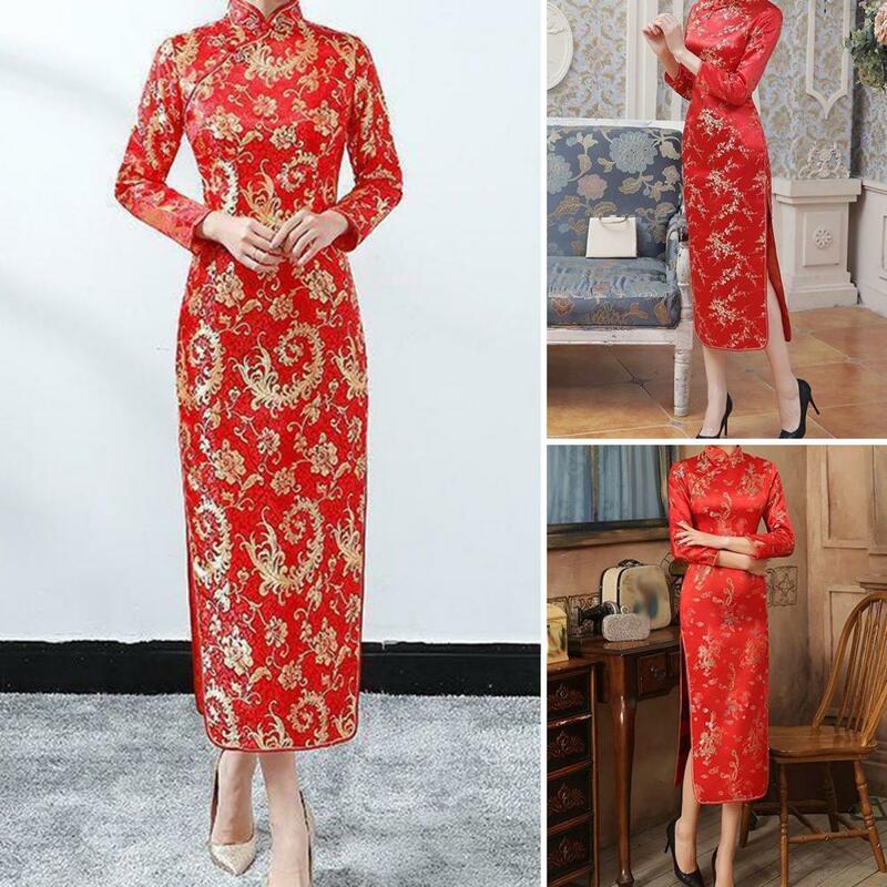 Comfortable Cheongsam Dress Elegant Chinese Style Women's Cheongsam Classic Long Slit Dress for Weddings Parties Evening Events