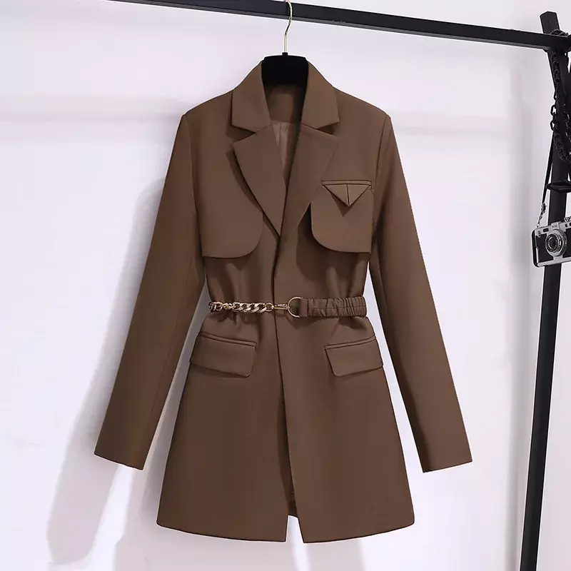 Chaqueta de algodón con cinturón para mujer, traje Formal de oficina, ropa de trabajo de negocios, abrigo de chica caliente, traje de otoño, marrón, 1 pieza
