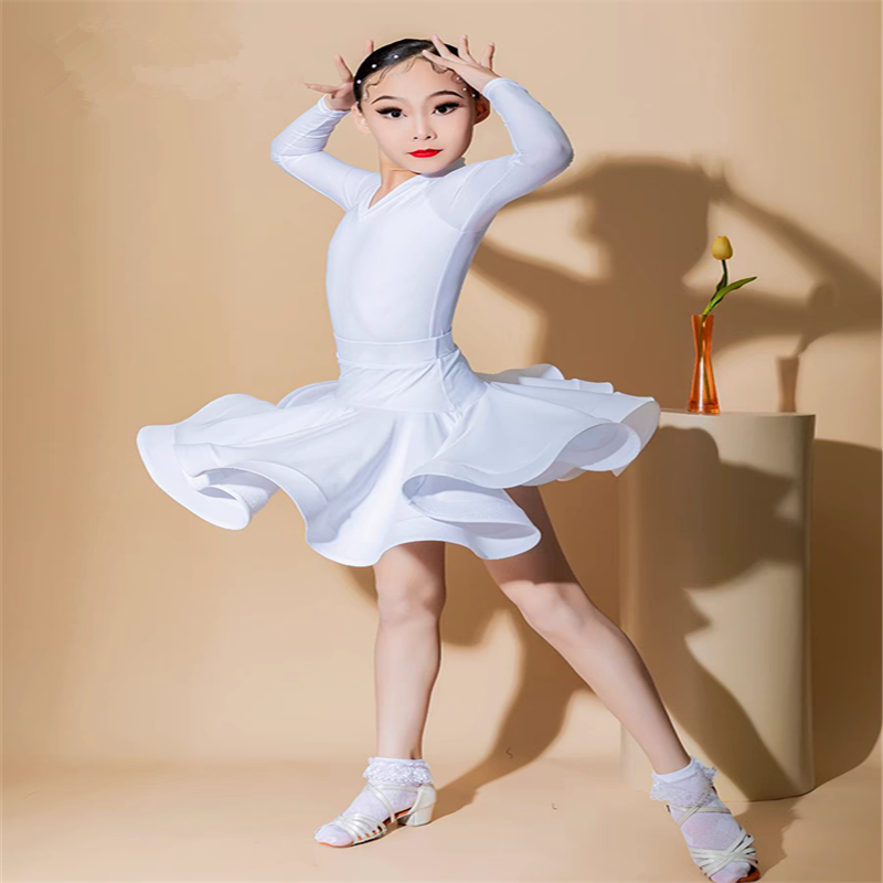 New Children's Latin Dance Dress Girls' Dance Practice Dress Latin Dance Dress Long Sleeve Competition Split Dress Women's Perfo