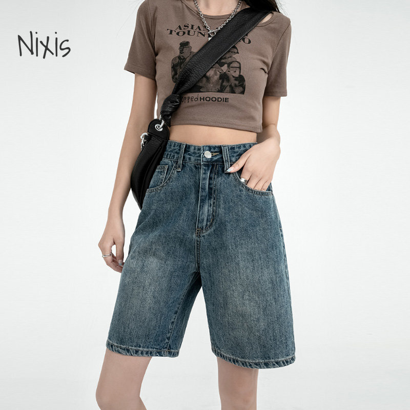 Shorts jeans retrô para mulheres, cintura alta, calça de cinco pontos, meia calça reta solta, estilo coreano, verão 2023