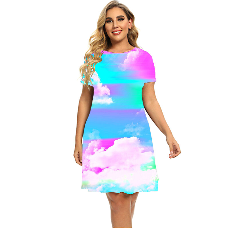 Stars And Moon Gradient Rainbow Women Dress Fashion Sweet Short Sleeve O-Neck Party A-Line Dress 2023 Summer Plus Size Dresses