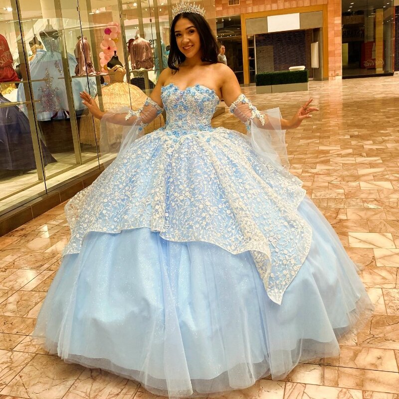 EVLAST-Vestido Princesa com Renda e Beading, Vestido Quinceanera Azul para Festa de Aniversário, Doce 16, 15 Anos, TQD054