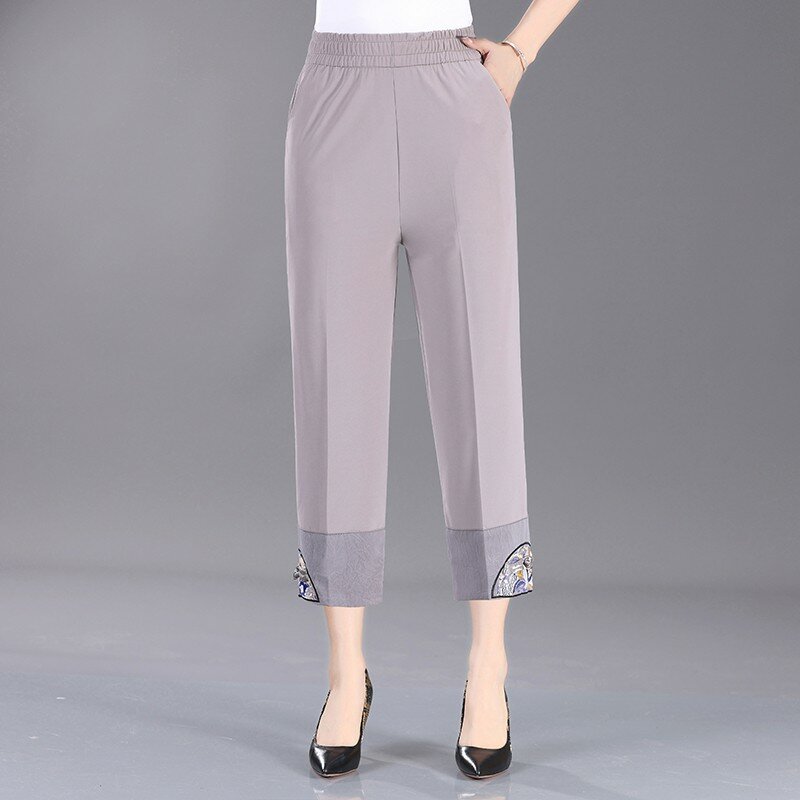 Celana crop tipis wanita, Bawahan kasual perempuan paruh baya bordir gaya China pinggang tinggi lurus elastis baru musim panas