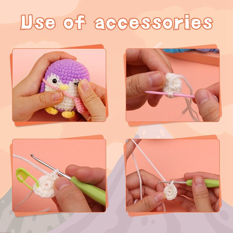 4Pcs DIY Crochet Penguin Kit With Hand Knitting Yarn Needles Plush Doll Easy(Blue,Green,Purple,Pink) Easy To Use