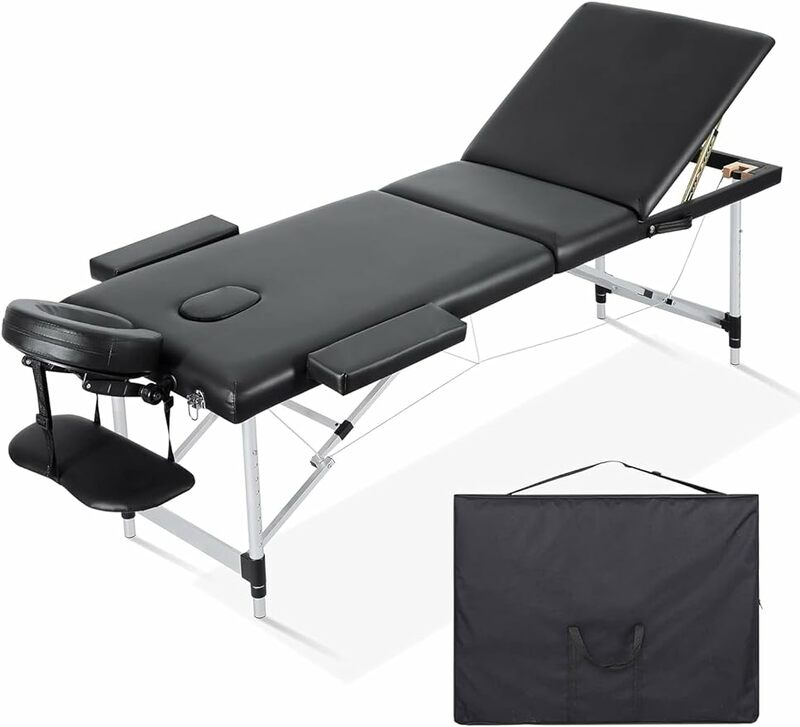 Careboda meja pijat portabel 3 lipat 23.6 "lebar, tinggi aluminium dapat diatur tempat tidur pijat dengan sandaran kepala, sandaran tangan dan tas jinjing,