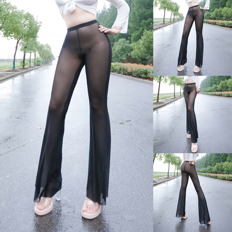 Women Transparent Solid Black Flared Trousers Loose Sexy Party Club Sheer Nightwear Sleepwear Glossy Pants Woman Clothing