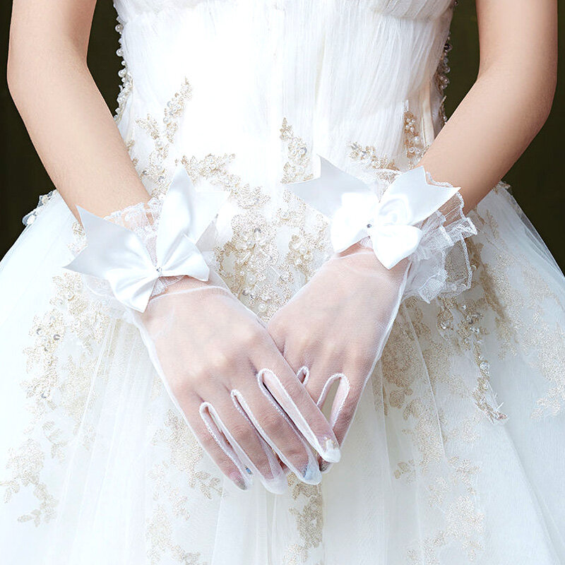 Sarung tangan jala renda pita putih untuk Aksesori gaun pengantin sarung tangan Cosplay pesta pernikahan wanita elegan