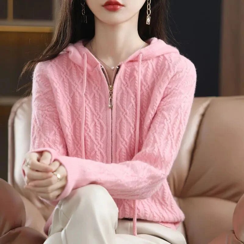 2024 neue Herbst Winter Mode Reiß verschluss Kapuze Strickjacke Pullover Jacke Frauen koreanische lose Strick pullover Freizeit mantel weibliche Tops