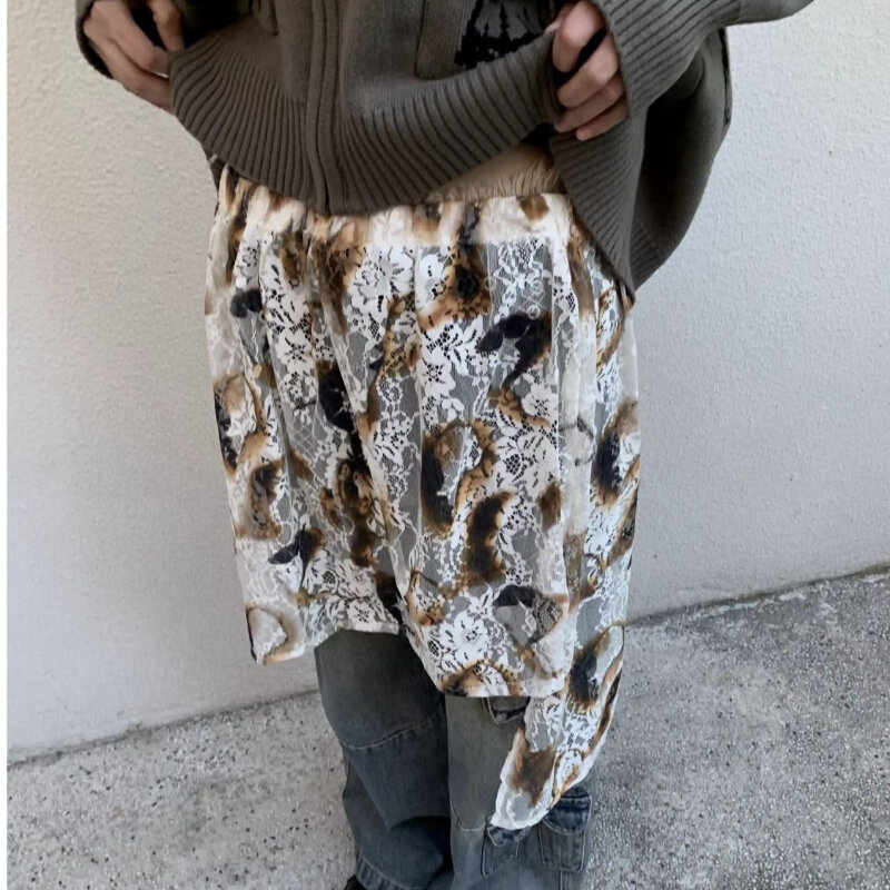 Deeptown Vintage Tulle wanita rok Mini renda Harajuku estetika Retro tidak teratur rok panjang setengah pakaian jalanan