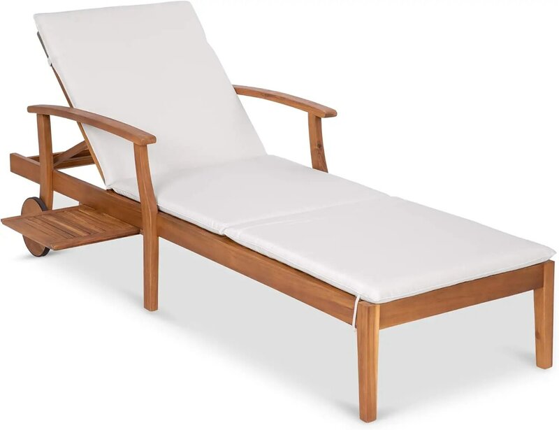 79x26in Acacia Wood Chaise Lounge Chair Recliner, Outdoor Furniture for Patio, Poolside w/Slide-Out Side Table