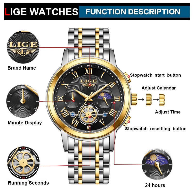 LIGE-Relógio de pulso masculino de quartzo em aço inoxidável, impermeável, luminoso, marca superior, luxo, moda, novo