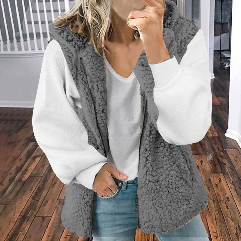 Winter Faux Fur Vests For Women 2023 New Patchwork Chaquetas Lapel Long Sleeve Zipper Coat Female Warm Fleece Jackets Outwear