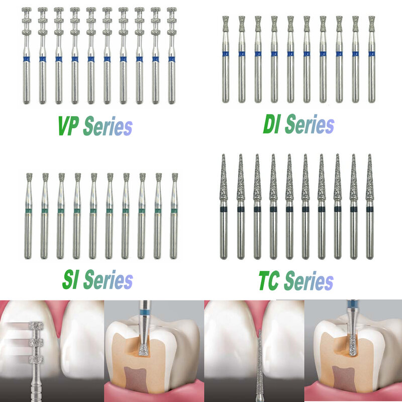 10pcs FG Dental Diamond Drills Dia-burs per manipolo ad alta velocità 1.6mm strumenti per dentisti preparazione della cavità odontoiatria taglierina di profondità