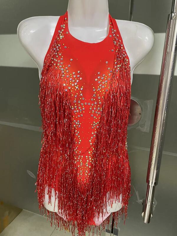 Kobiety nowy czerwone frędzle seksowne błyszczące body z Rhinestone imprezowe stroje sceniczne Dj kobieta piosenkarka kostium taneczny