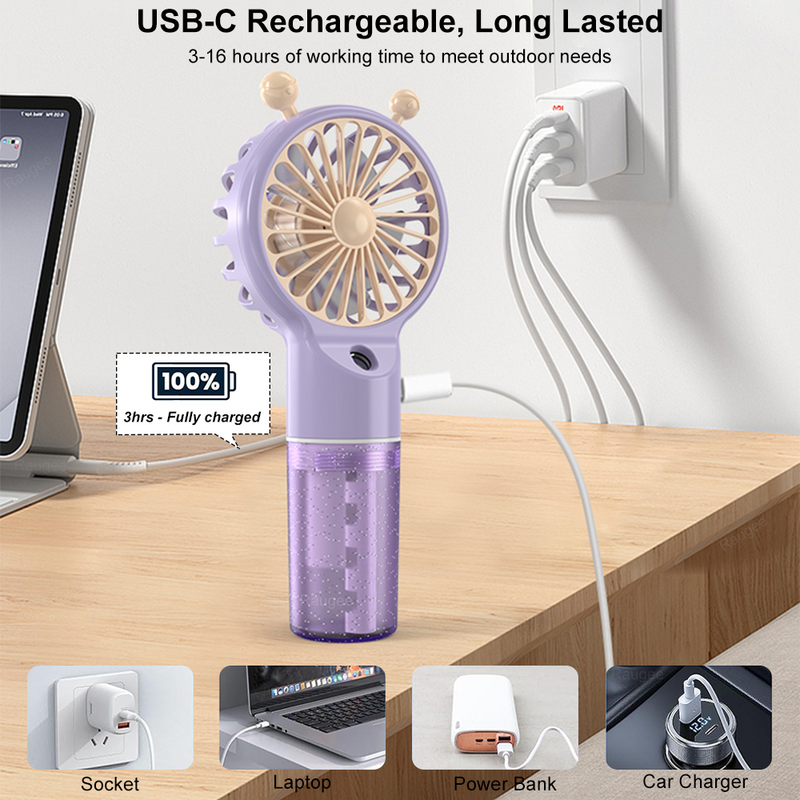 Ventilador Portátil Mini Umidificador Portátil, USB Recarregável, Névoa Pessoal Pequenos Ventiladores, Mão de carregamento, Spray de água