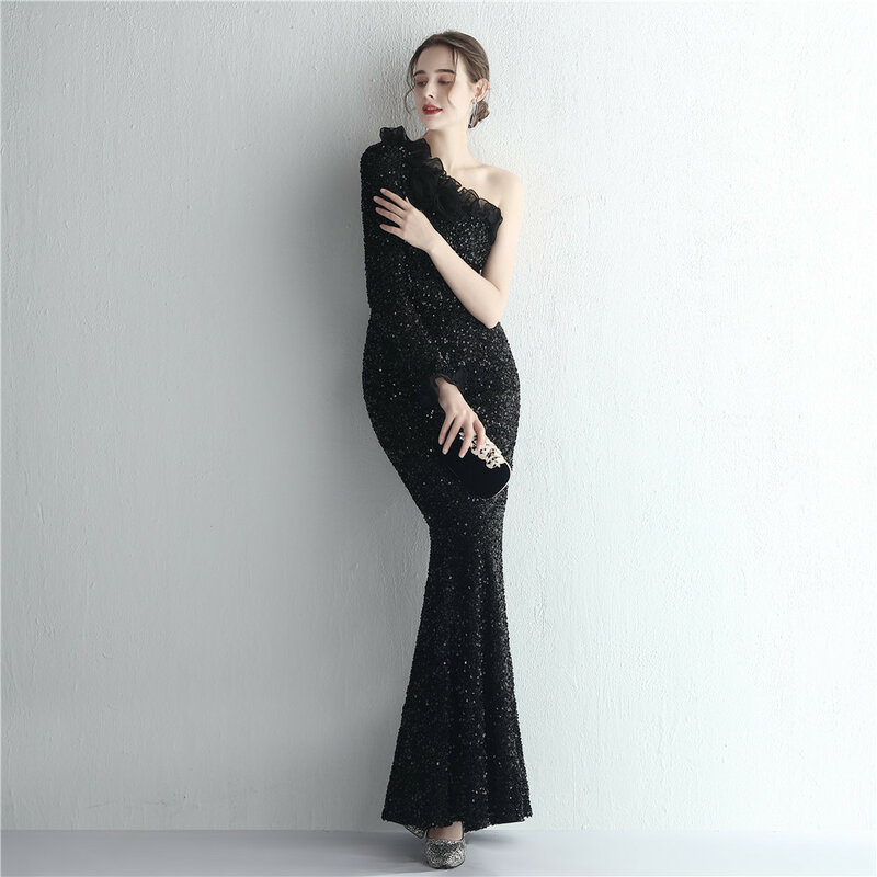 Celebrity Banquet Temperament One-Shoulder Long-Sleeved Dress Sequin Gas Field Fashion Fishtail Dress Women's Clothing