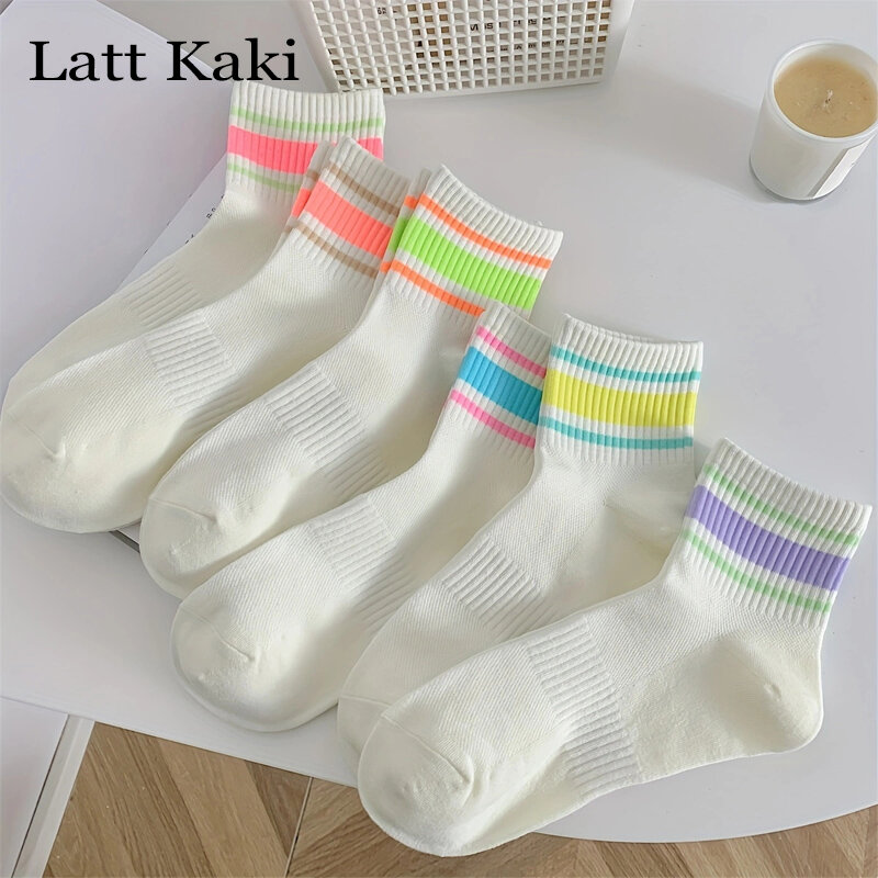 6 Pairs Women Socks Set Thin New Mixed-Color Casual Striped Multipack Mesh Socks Preppy Style Simple Casual Basic White Socks