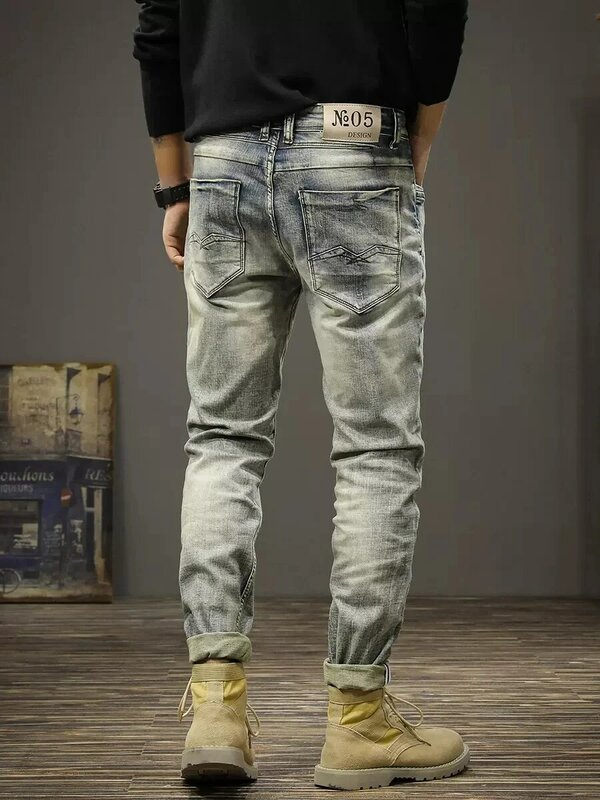Projektant mody męskie jeansy Retro myte rozciągliwe dopasowanie Fit porwane jeansy męskie spodnie łatane Vintage casualowe spodnie jeansowe Hombre