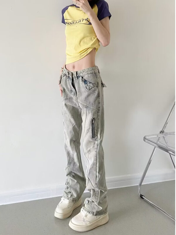 Yellow Mud Color Street Zippered Jeans  Women's High Street Trendy Straight Leg Pants  Slimming Micro Flared Pants