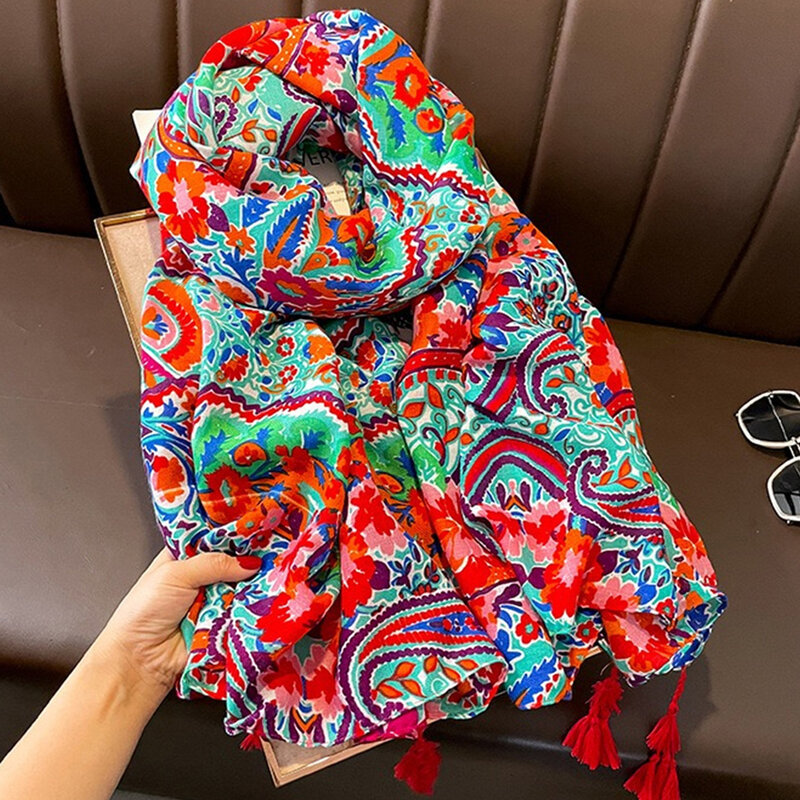 The Four Seasons Windproof Beach Towel, Fashion Print Warm Bandanna New 180 * 85cm Muslim Headscarf, Ethnic style Tassels Shawls
