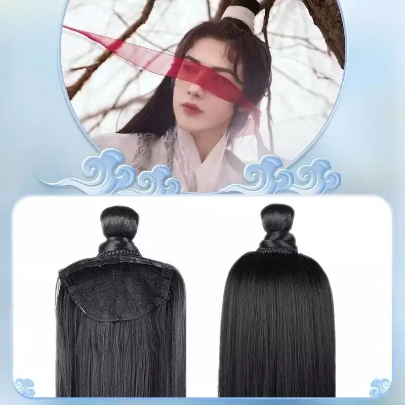Pelucas de Cosplay Hanfu para hombres, accesorios de cabeza, peluca negra larga y recta, diadema, Anime antiguo chino