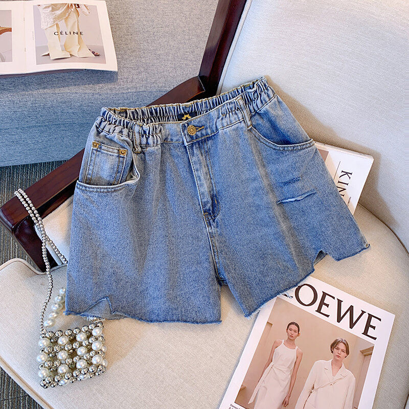 Женские летние джинсовые шорты большого размера, Потертая джинсовая ткань, рваные уличные шорты, яркие джинсы, асимметричный дизайн