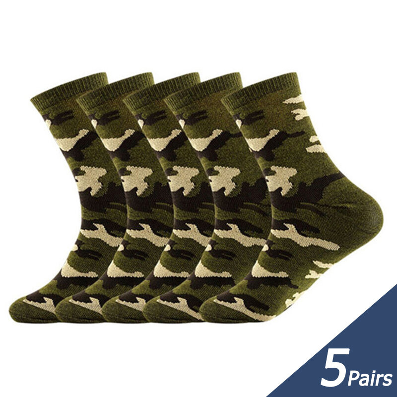 Calcetines de algodón grueso para hombre, medias de tubo medio de alta calidad, color verde militar, camuflaje, 5 pares