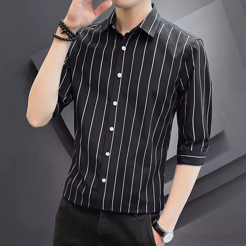Thin Business Casual Spring Summer Loose Formal Striped Button Long Sleeve Pockets Turn-down Collar Men's Clothing Temperament