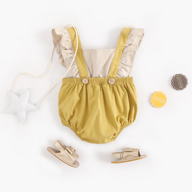 Baju Monyet Musim Panas Bayi Modamama Pakaian Jumpsuits Bayi Warna Polos Lengan Terbang Katun Lembut untuk Bayi Perempuan Baru Lahir