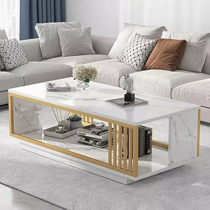 Mesa de café de mármore falso com armazenamento aberto, mesa retangular, mesa branca moderna para sala de estar, 2 camadas